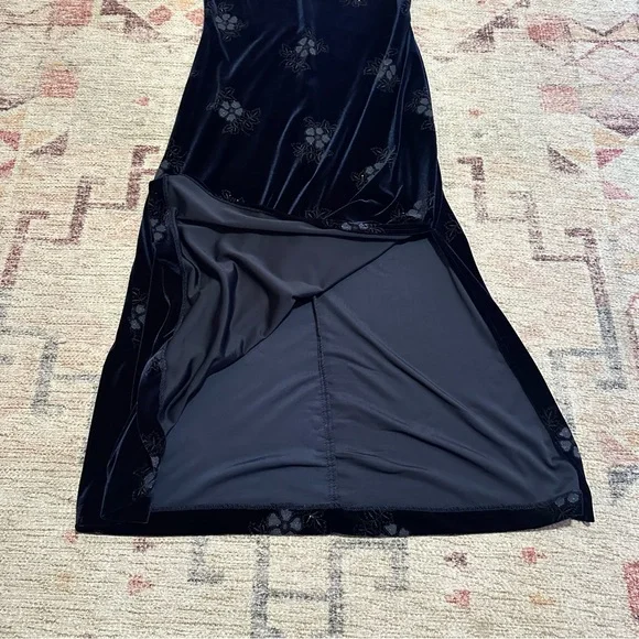 Vintage 90’s Navy velvet floral maxi dress short sleeves high neck size 4 petite - Picture 6 of 10
